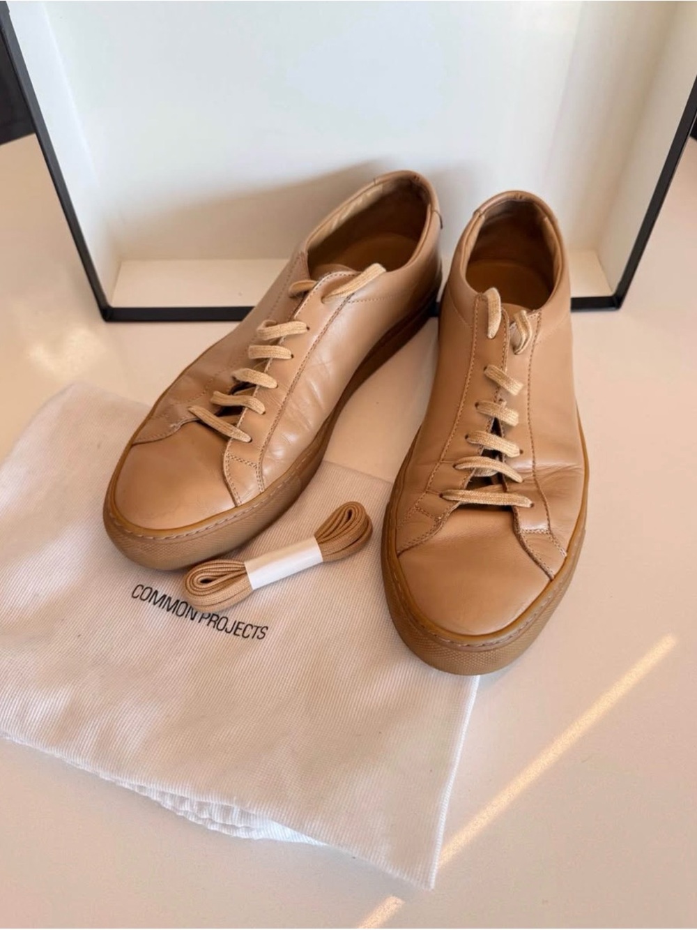 Common Projects Men’s Tan Leather Low-Top Sneakers — Minimalist Taupe